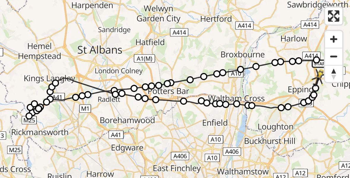 Flight path map showing Police Helicopter route from North Weald Airfield to North Weald Airfield