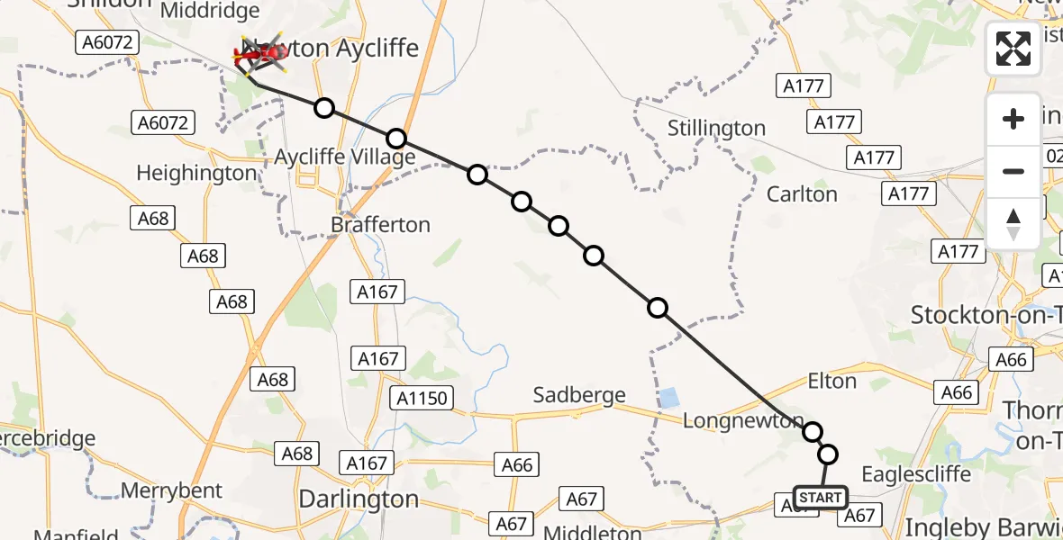 Flight path map showing Air Ambulance Helicopter route from Egglescliffe to Newton Aycliffe