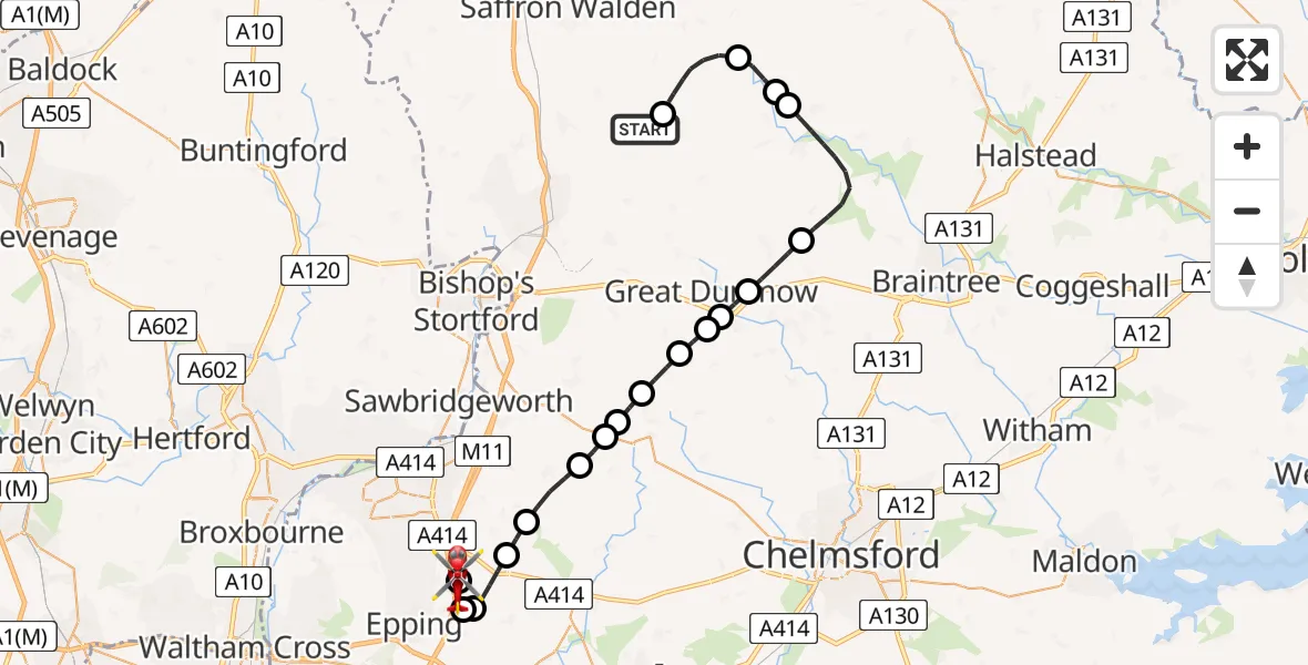Flight path map showing Air Ambulance Helicopter route from Thaxted to North Weald Airfield