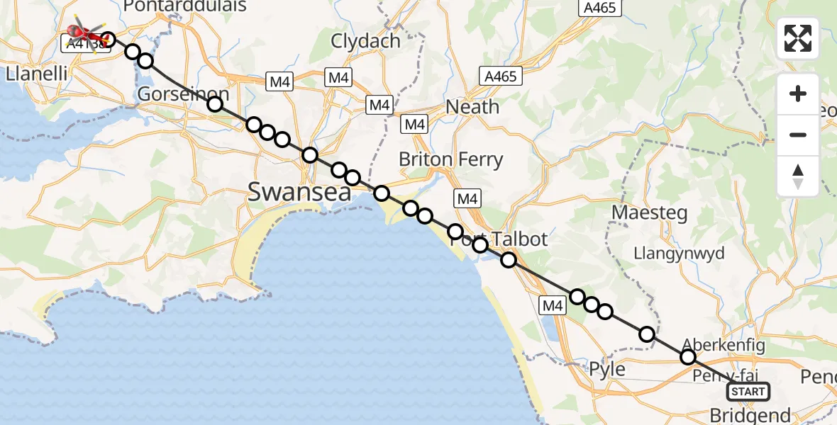Flight path map showing Air Ambulance Helicopter route from Bridgend to Dafen