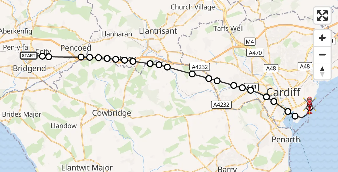 Flight path map showing Air Ambulance Helicopter route from Bridgend to Cardiff Heliport