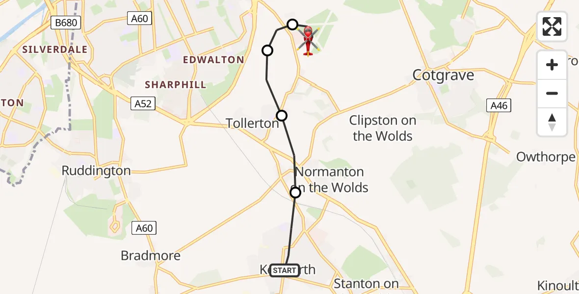 Flight path map showing Air Ambulance Helicopter route from Keyworth to Nottingham City Airport