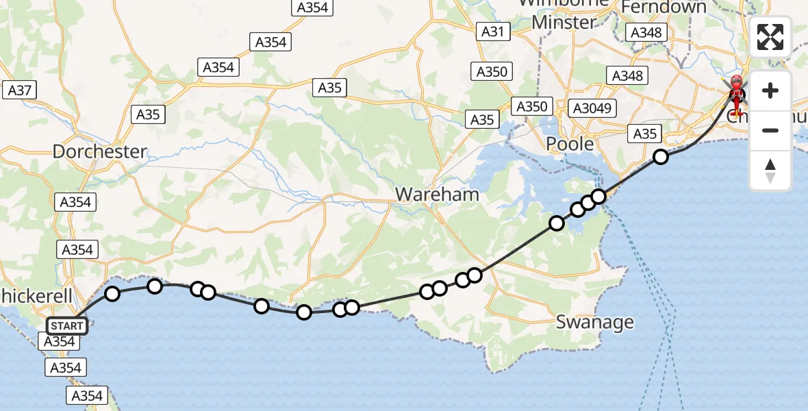 Flight path map showing Air Ambulance Helicopter route from Weymouth to Royal Bournemouth Hospital