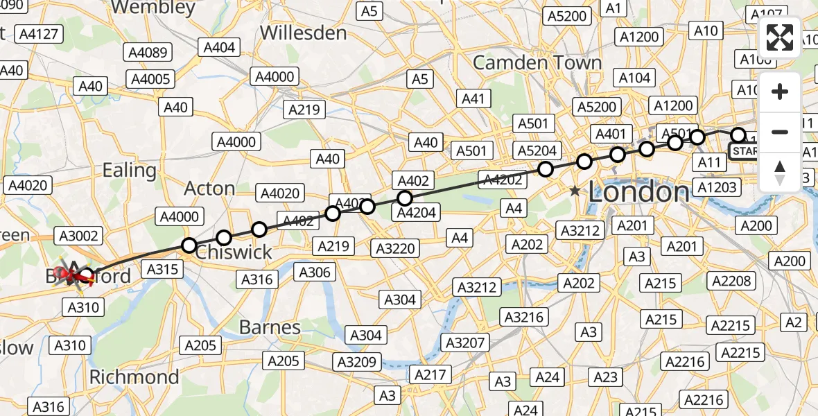 Flight path map showing Air Ambulance Helicopter route from Royal London Hospital to Brentford