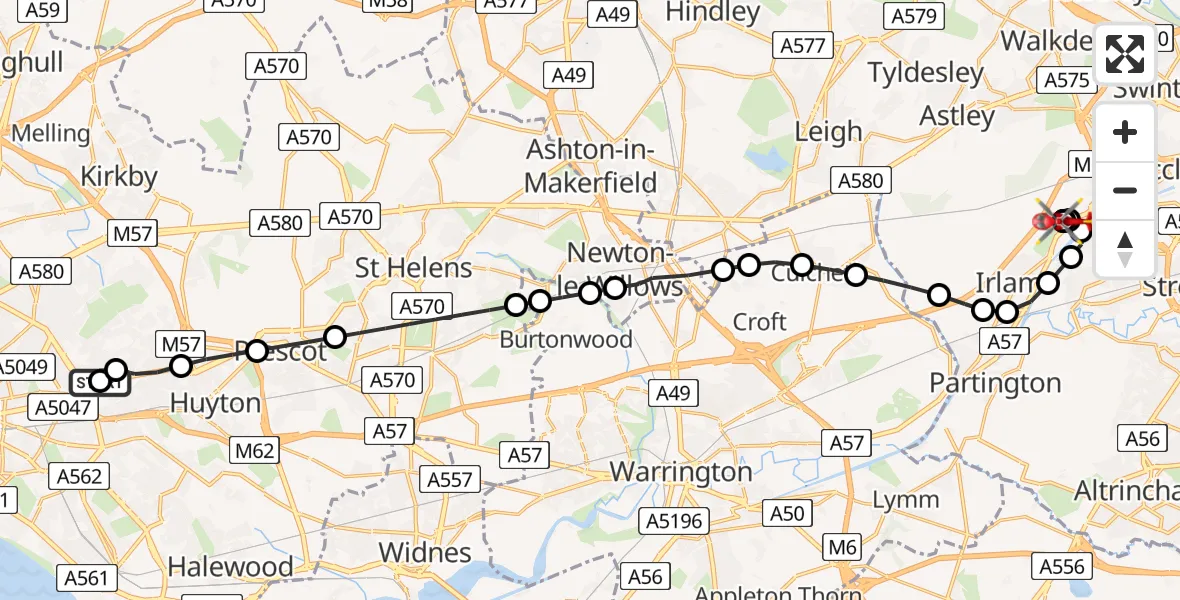 Flight path map showing Air Ambulance Helicopter route from Knotty Ash to Irlam