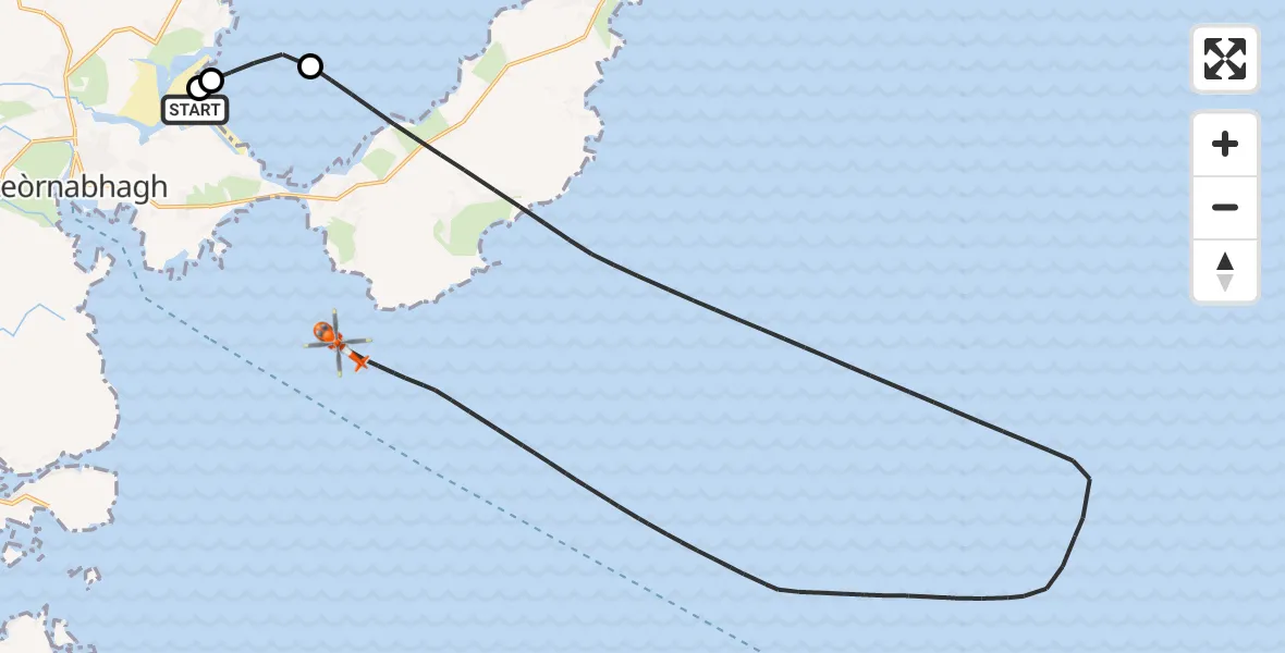 Flight path map showing Coastguard Helicopter route from Stornoway Airport to Inner Seas
