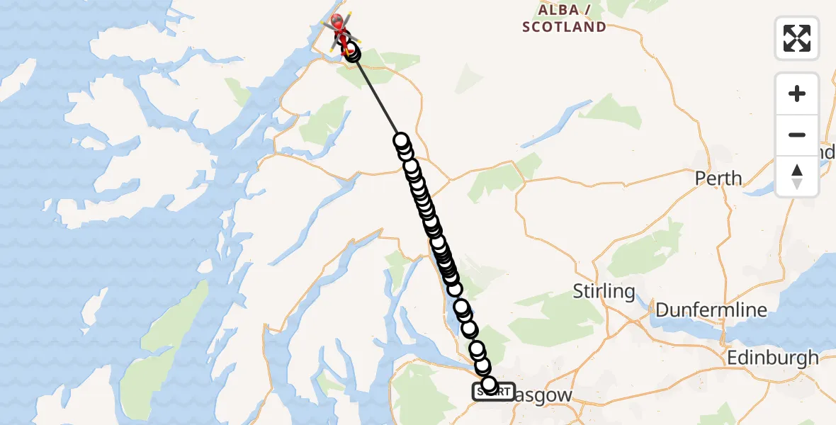 Flight path map showing Air Ambulance Helicopter route from Glasgow Airport to Sgurr na h-Uilinn