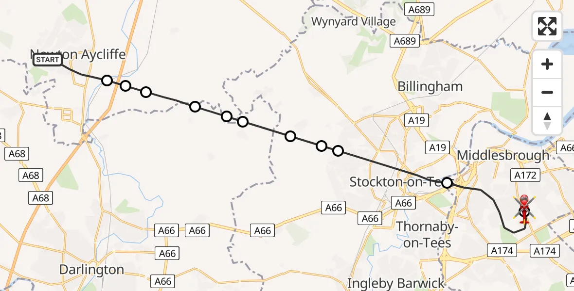 Flight path map showing Air Ambulance Helicopter route from Newton Aycliffe to James Cook University Hospital