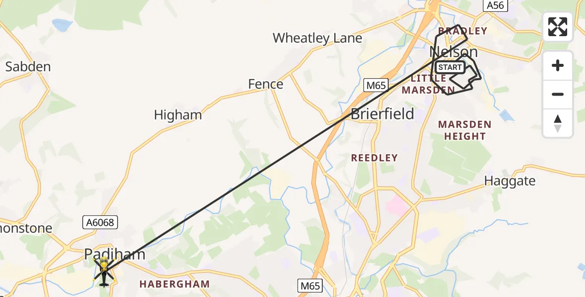 Flight path map showing Police Helicopter route from Nelson to Padiham
