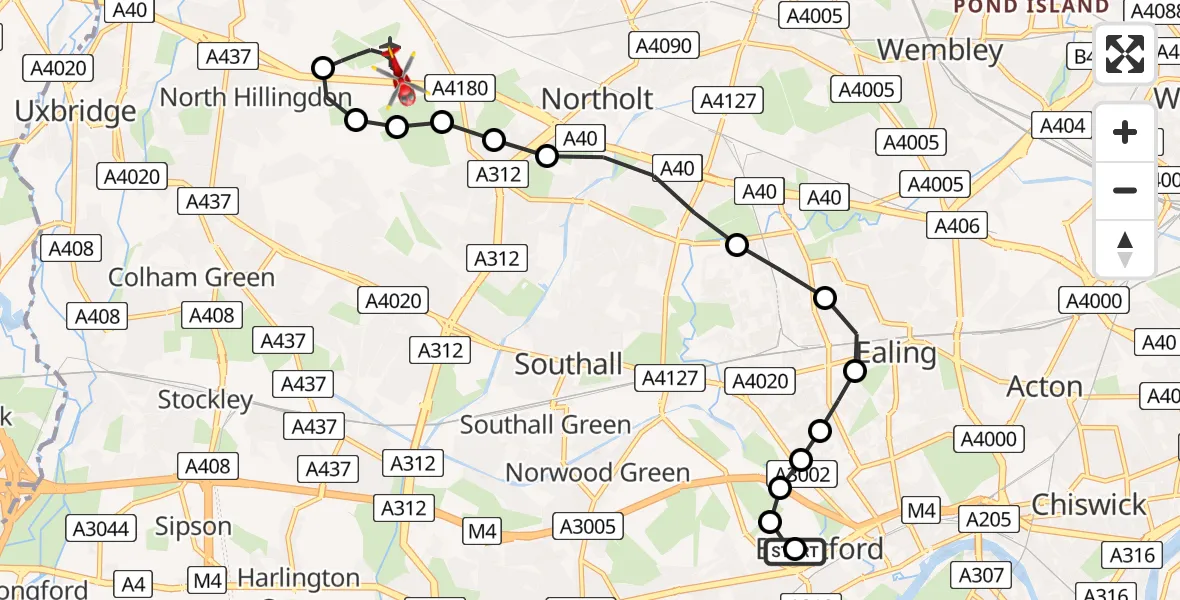 Flight path map showing Air Ambulance Helicopter route from Spring Grove to RAF Northolt