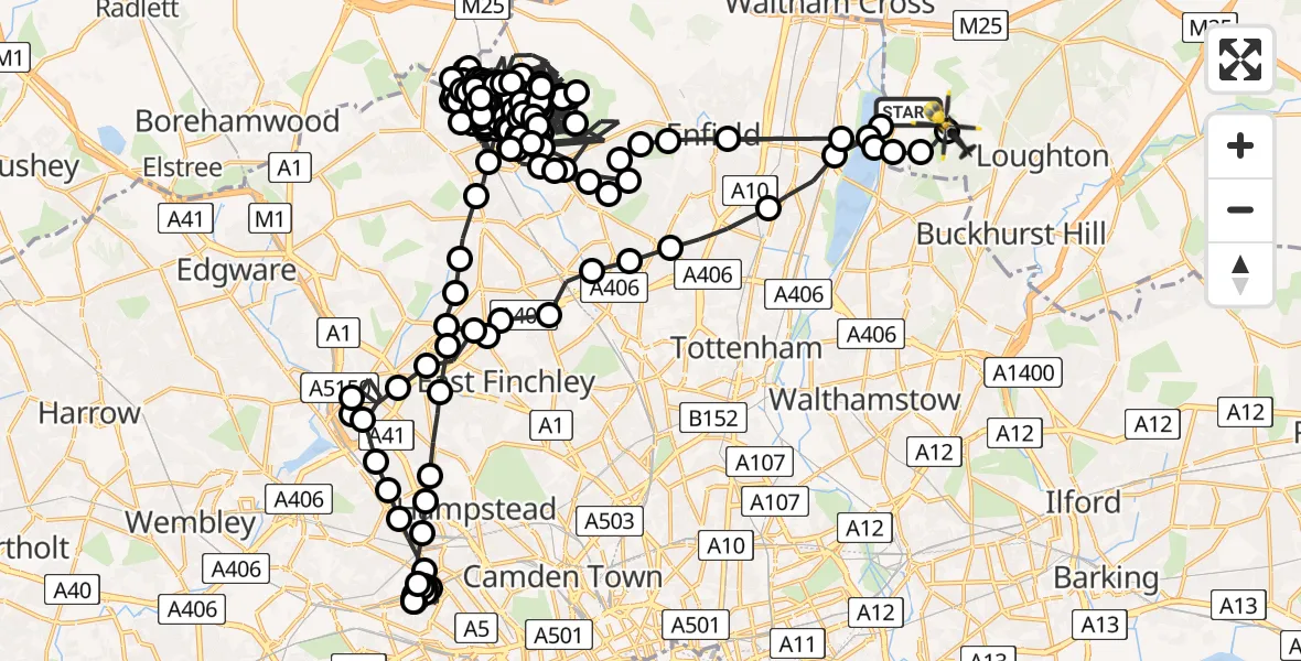 Flight route Police Helicopter Epping Forest - Sewardstonebury, 19 April 2026, 19:20