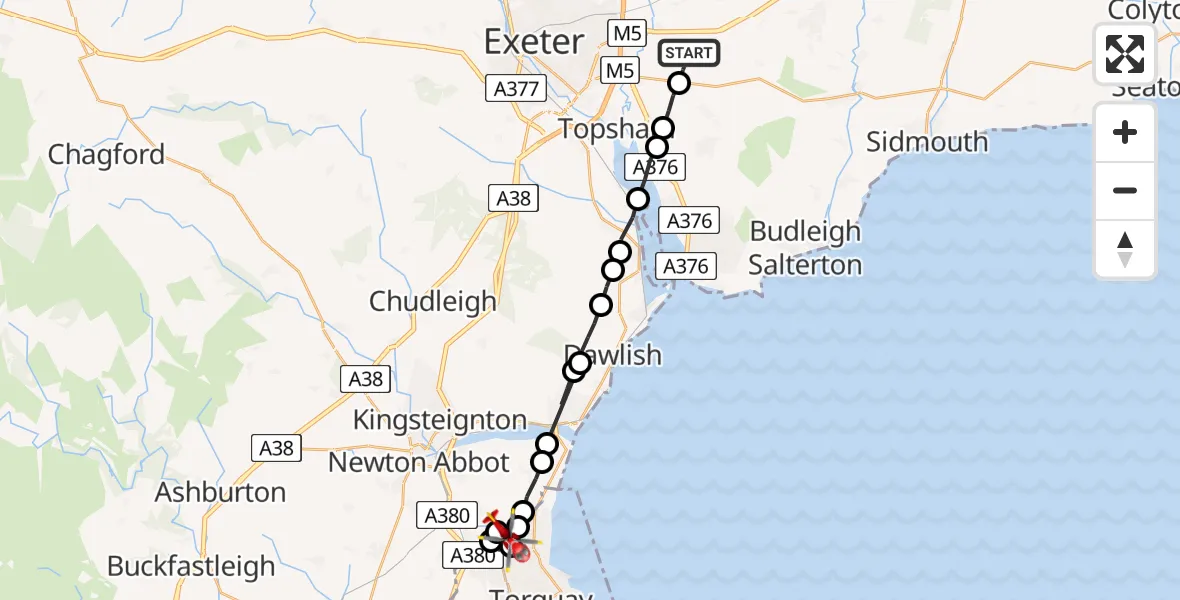 Flight path map showing Air Ambulance Helicopter route from East Devon to Teignbridge