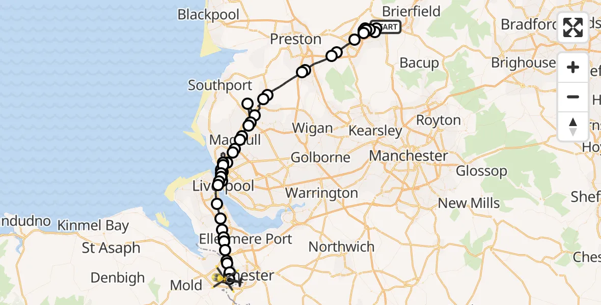 Flight path map showing Police Helicopter route from Altham to Hawarden Airport