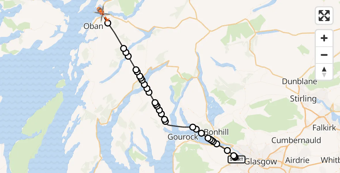 Flight path map showing Coastguard Helicopter route from Glasgow Airport to Oban Airport