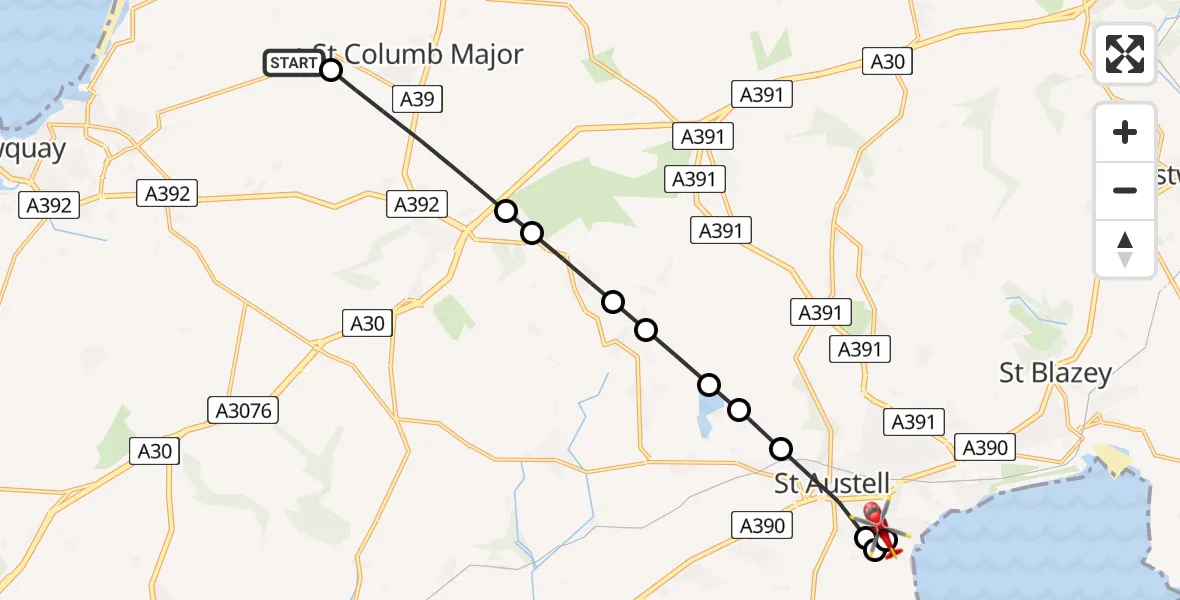 Flight path map showing Air Ambulance Helicopter route from Cornwall Airport Newquay to London Apprentice