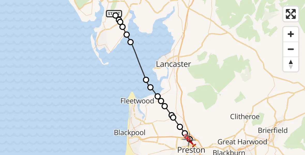 Flight path map showing Air Ambulance Helicopter route from Ulverston to Preston