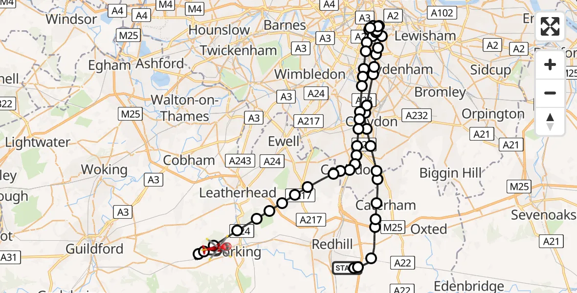 Flight path map showing Air Ambulance Helicopter route from Redhill Aerodrome to Westcott