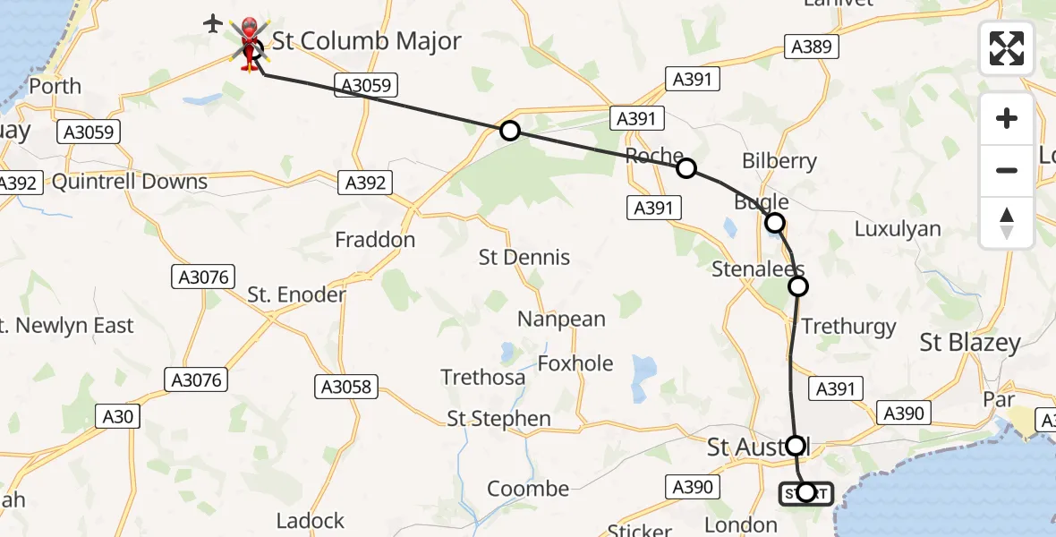 Flight path map showing Air Ambulance Helicopter route from Charlestown to Cornwall Airport Newquay