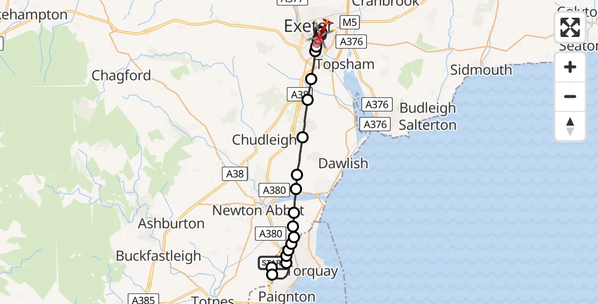 Flight path map showing Air Ambulance Helicopter route from Edginswell to Royal Devon & Exeter Hospital