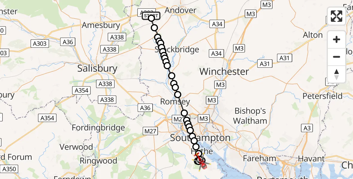 Flight path map showing Air Ambulance Helicopter route from Amport to Hardley