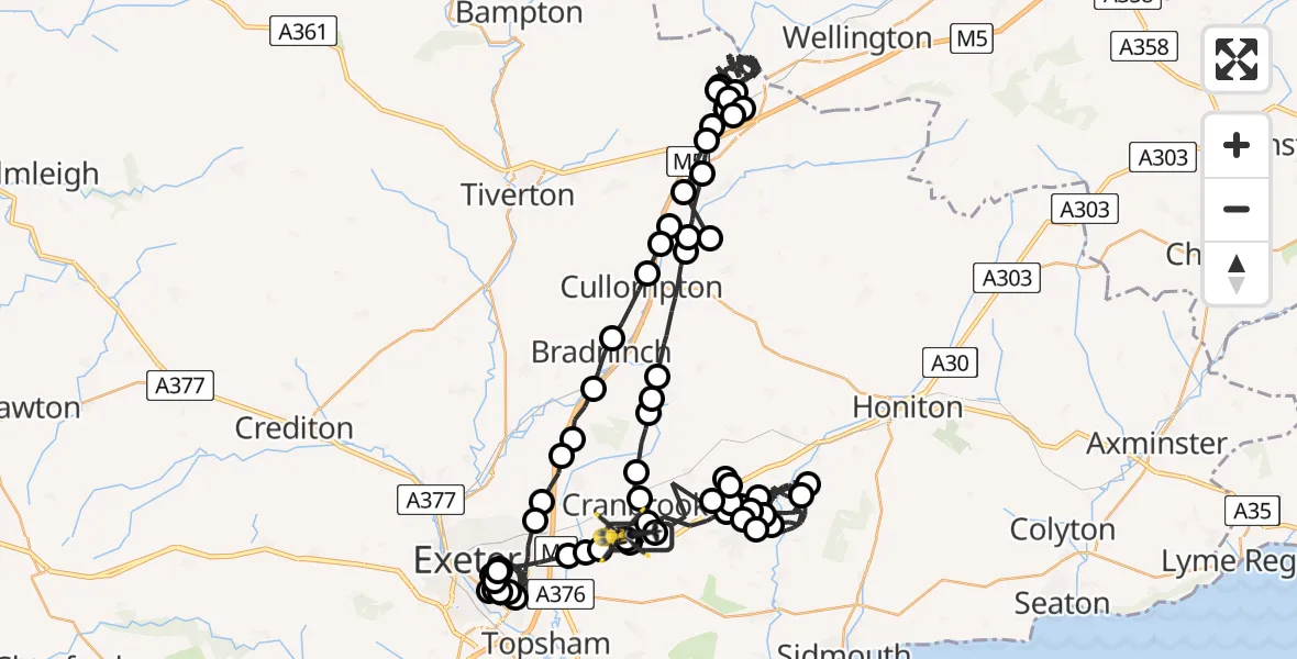 Flight path map showing Police Helicopter route from Exeter International Airport to Exeter International Airport
