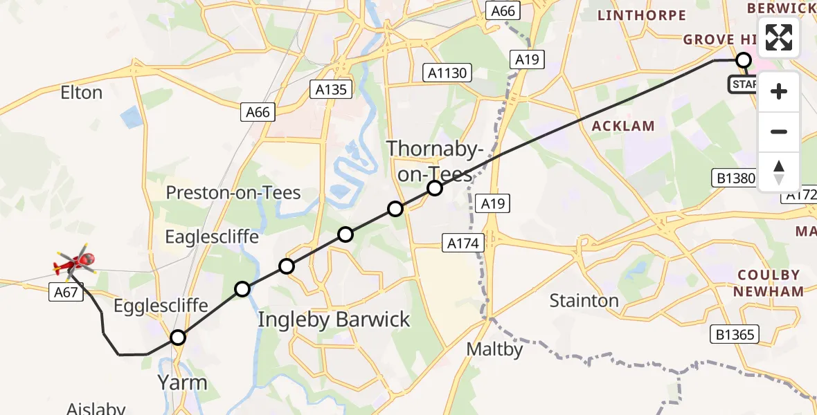 Flight path map showing Air Ambulance Helicopter route from James Cook University Hospital to Egglescliffe