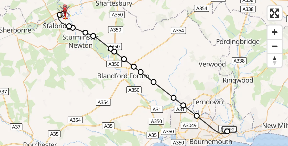 Flight path map showing Air Ambulance Helicopter route from Royal Bournemouth Hospital to Henstridge Airfield