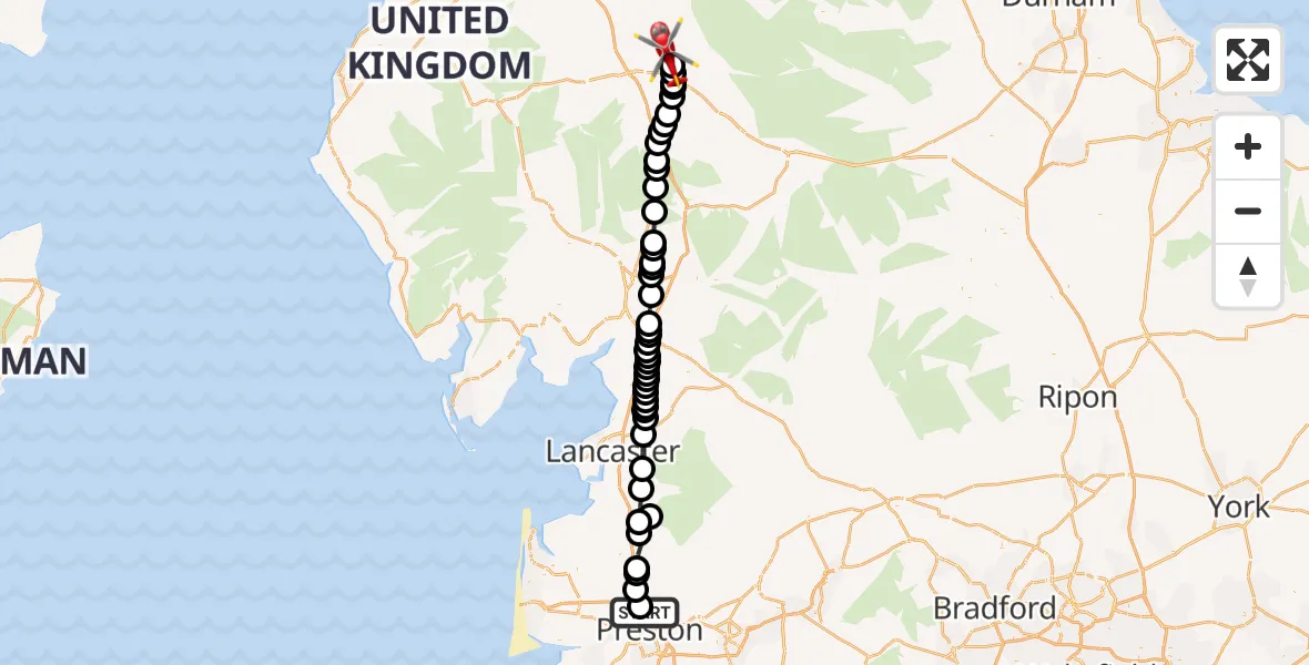 Flight path map showing Air Ambulance Helicopter route from Preston to Langwathby