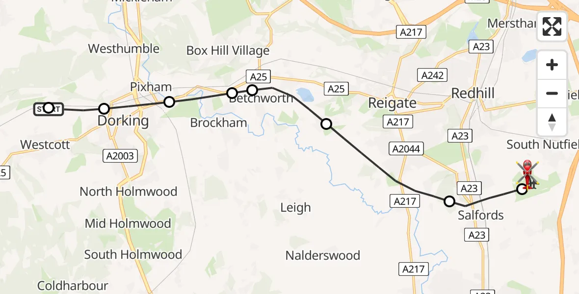 Flight path map showing Air Ambulance Helicopter route from Mole Valley to Redhill Aerodrome