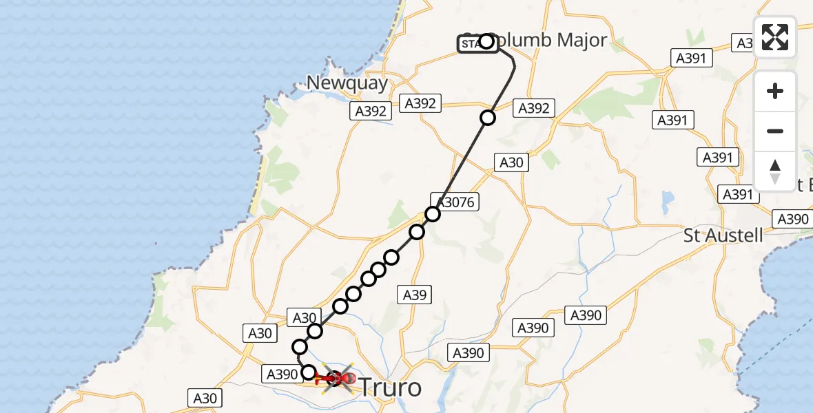 Flight path map showing Air Ambulance Helicopter route from Cornwall Airport Newquay to Treliske Hospital