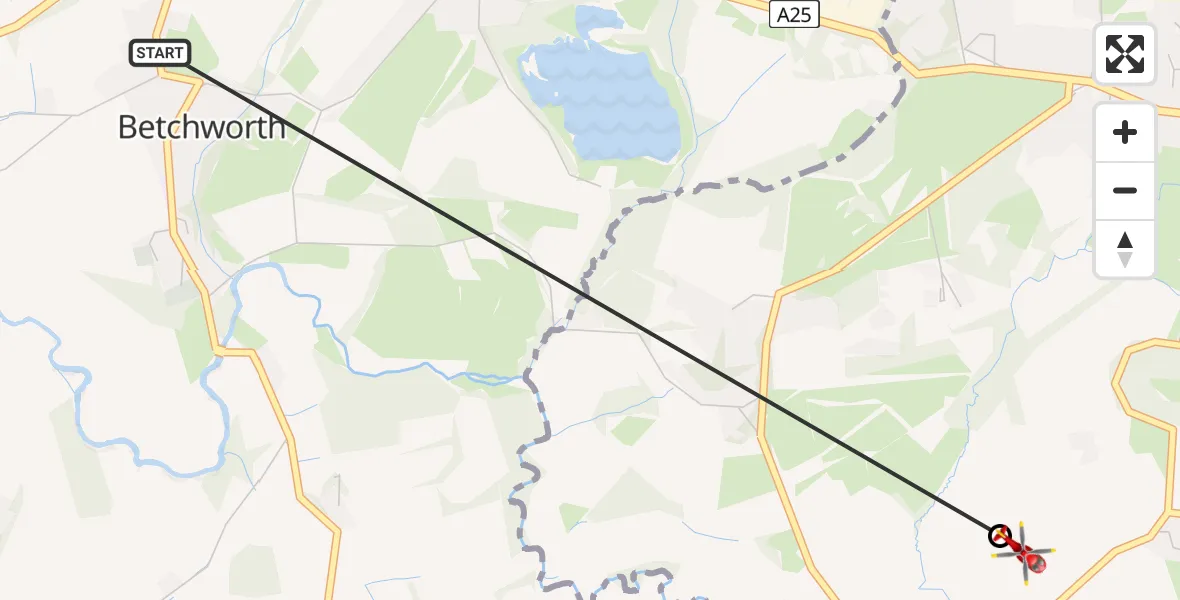 Flight path map showing Air Ambulance Helicopter route from Betchworth to Reigate