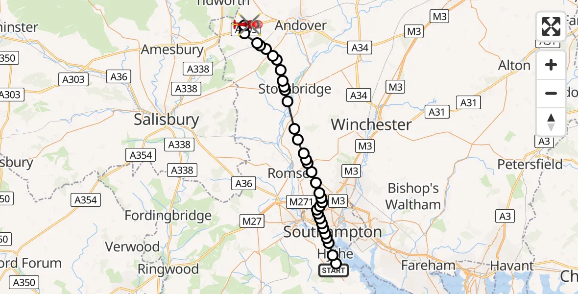 Flight path map showing Air Ambulance Helicopter route from Hardley to Thruxton Aerodrome