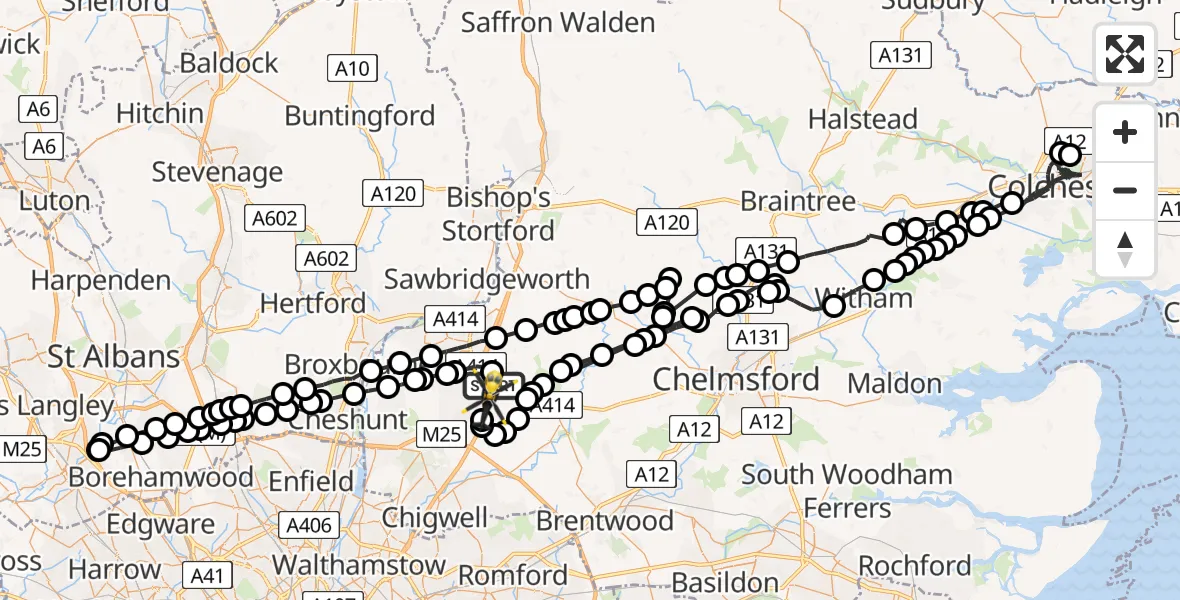 Flight path map showing Police Helicopter route from North Weald Airfield to North Weald Airfield