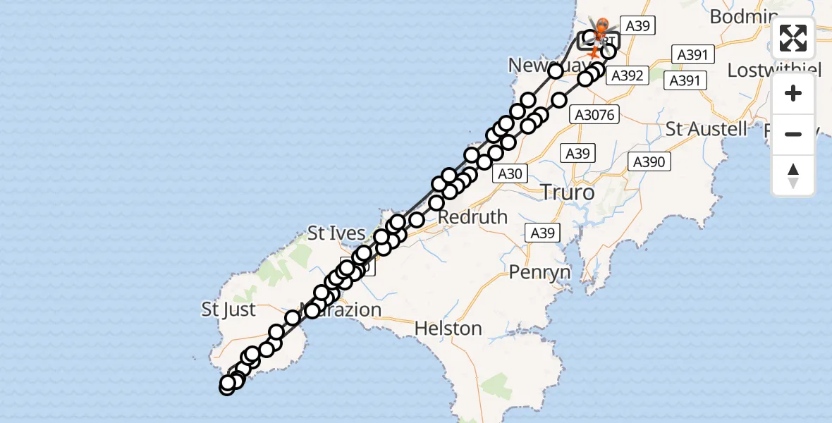 Flight path map showing Coastguard Helicopter route from Cornwall Airport Newquay to Cornwall Airport Newquay