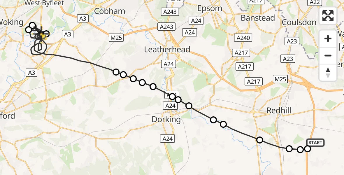 Flight path map showing Police Helicopter route from South Nutfield to Guildford