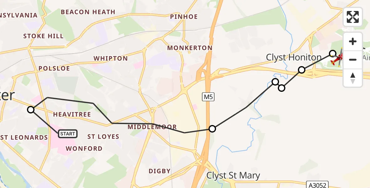 Flight path map showing Air Ambulance Helicopter route from Royal Devon & Exeter Hospital to Exeter International Airport