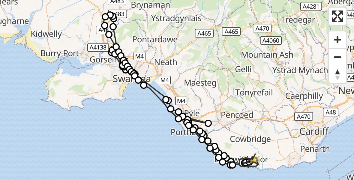 Flight path map showing Police Helicopter route from Boverton to MOD St Athan