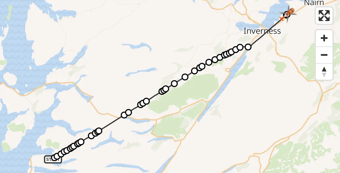 Flight path map showing Coastguard Helicopter route from Creag an Dochdair to Inverness Airport