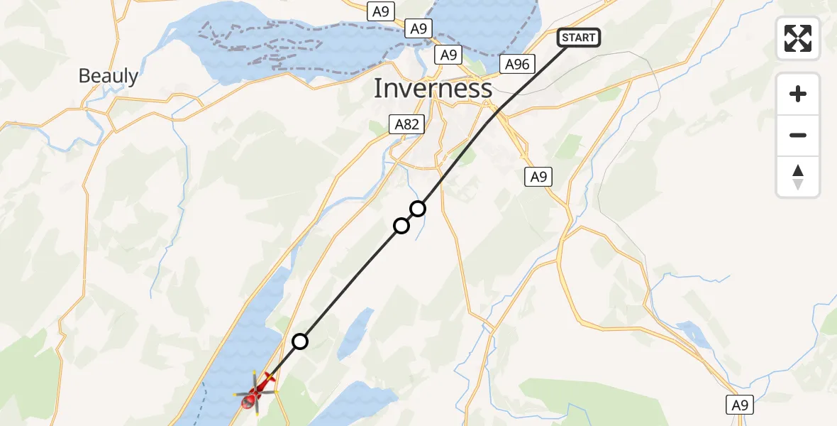 Flight path map showing Air Ambulance Helicopter route from Inverness to Highland