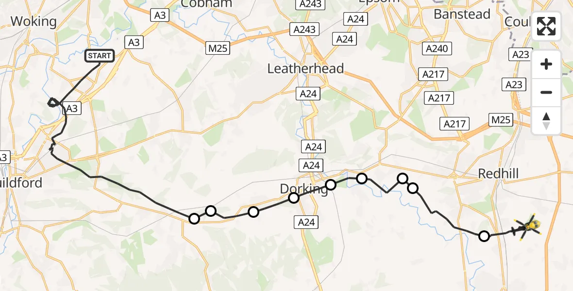 Flight path map showing Police Helicopter route from Guildford to Redhill Aerodrome