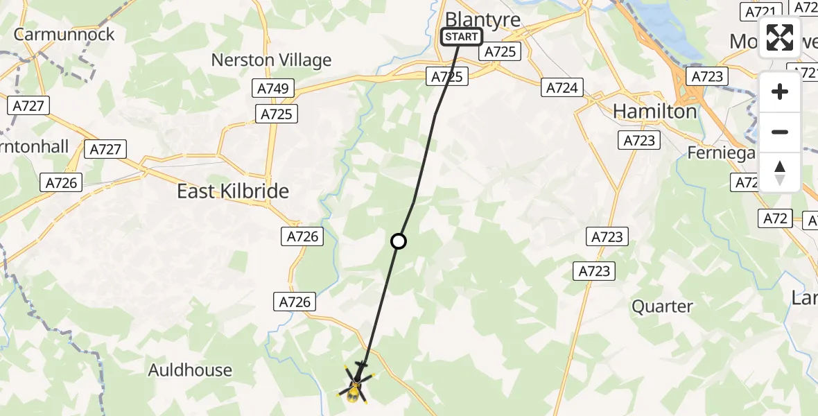 Flight path map showing Police Helicopter route from Blantyre to East Kilbride
