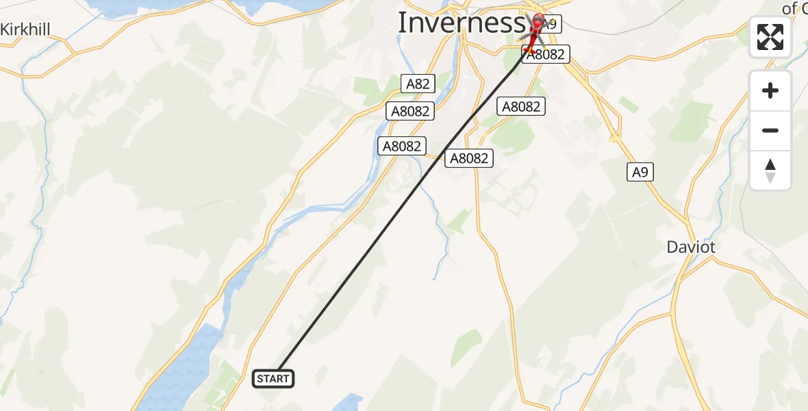 Flight path map showing Air Ambulance Helicopter route from Inverness to Inverness