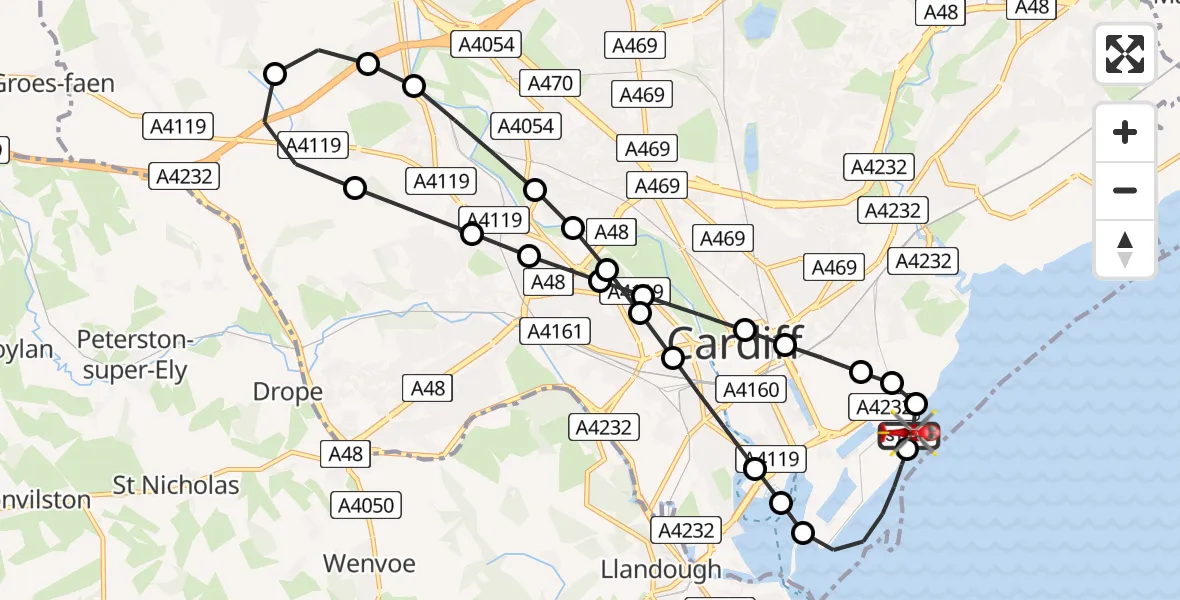 Flight path map showing Air Ambulance Helicopter route from Cardiff Heliport to Cardiff Heliport