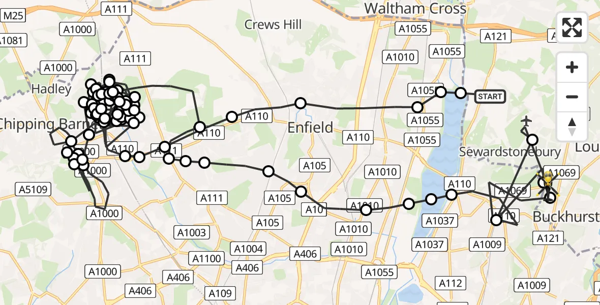 Flight path map showing Police Helicopter route from Epping Forest to Buckhurst Hill