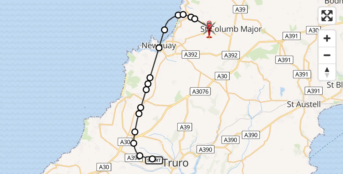 Flight path map showing Air Ambulance Helicopter route from Treliske Hospital to Cornwall Airport Newquay