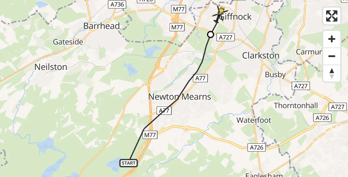 Flight path map showing Police Helicopter route from Newton Mearns to Thornliebank