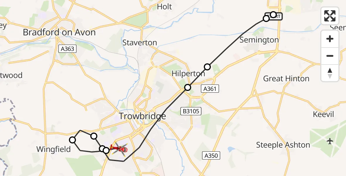 Flight path map showing Air Ambulance Helicopter route from Wiltshire Air Ambulance to Trowbridge