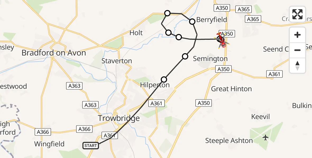 Flight path map showing Air Ambulance Helicopter route from Trowbridge to Wiltshire Air Ambulance