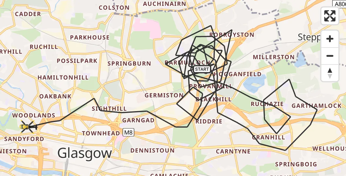 Flight path map showing Police Helicopter route from Glasgow to Glasgow