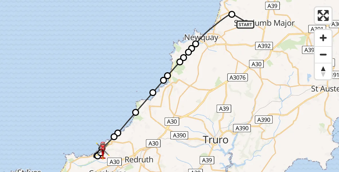 Flight path map showing Air Ambulance Helicopter route from Cornwall Airport Newquay to Camborne